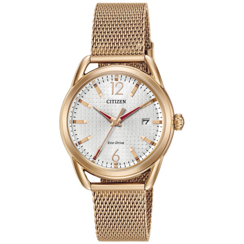 Drive from Citizen Eco-Drive Women's Rose Gold-Tone Stainless Steel Mesh Bracelet Watch 34mm FE6083-72A