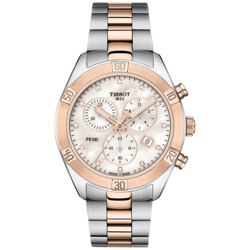 Women's Swiss Chronograph T-Classic PR 100 Diamond (1/20 ct. t.w.) Two-Tone PVD Stainless Steel Bracelet Watch 38mm