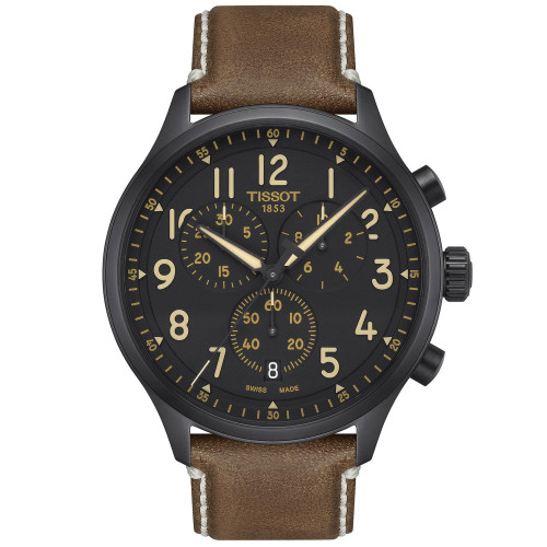 Men's Swiss Chronograph XL Beige Leather Strap Watch 45mm