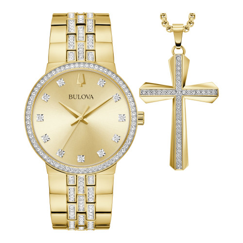 Men's Crystal Gold-Tone Stainless Steel Bracelet Watch 40mm & Necklace Box Set