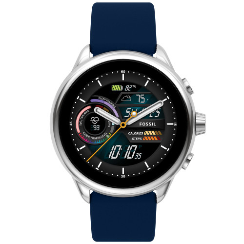 Unisex Gen 6 Wellness Edition Stainless Steel with Navy Silicone Band Smart Watch, 44mm