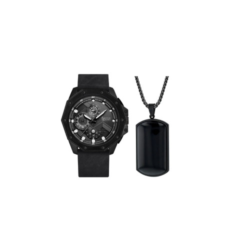 Men's Analog Matte Black Leather Watch 48mm Gift Set, 2 Pieces