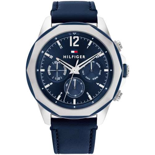 Men's Multifunction Navy Blue Leather Strap Watch 46mm