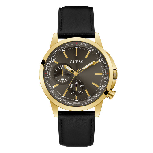 Men's Gold-Tone Black Genuine Leather Multi-Function Watch 44mm