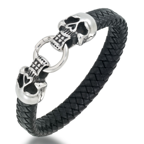 Men's Leather Skull Head Bracelet in Stainless Steel