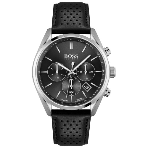 HUGO Men's Chronograph Champion Black Leather Strap Watch 44mm