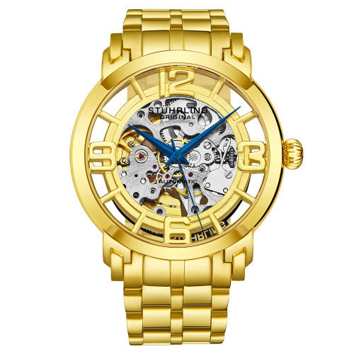 Stainless Steel Gold Tone Case on Stainless Steel Link Bracelet, Gold Tone Dial, with Blue Accents