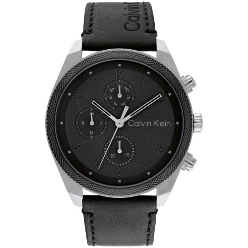 Men's Multifunction Black Leather Strap Watch 44mm