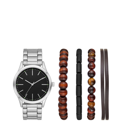 Men's Silver-Tone Bracelet Watch Gift Set, 44mm