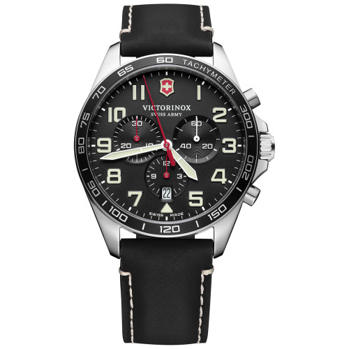Men's Chronograph FieldForce Black Leather Strap Watch 42mm