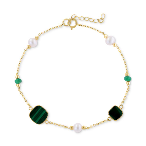 EFFY® Freshwater Pearl (4-1/2mm), Malachite, & Emerald (1/4 ct. t.w.) Link Bracelet in 14k Gold