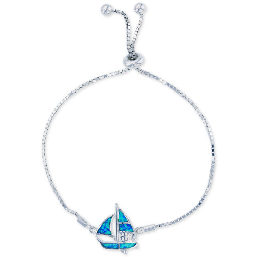 Lab-Created Blue Opal Sailboat Bolo Bracelet in Sterling Silver