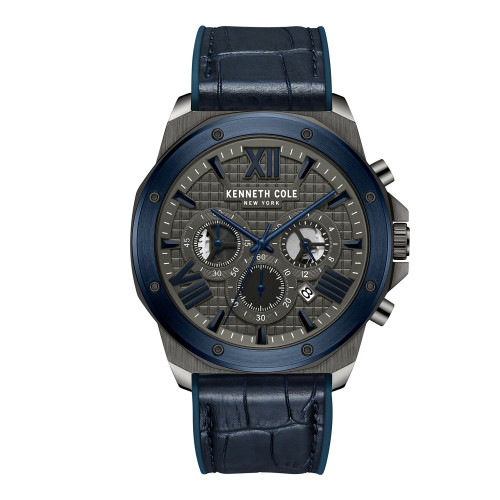Men's Chronograph Dress Sport Blue Genuine Leather Watch 45mm