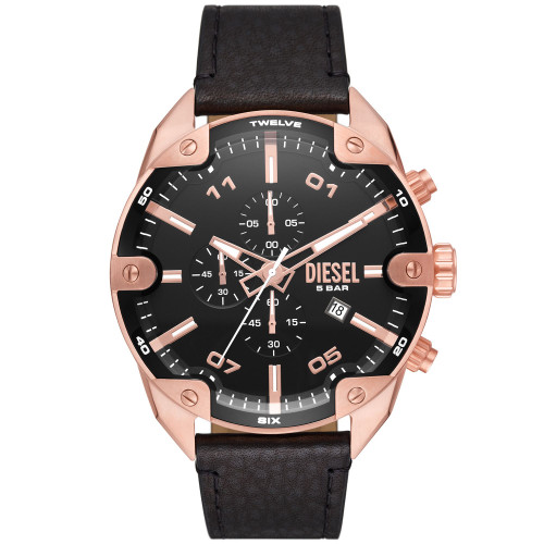 Men's Spiked Black Leather Strap Watch, 49mm