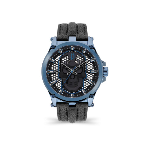 Men's Signature Skull Black Leather Strap Watch 47mm