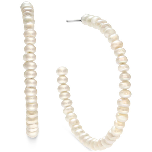Cultured Freshwater Pearl (3mm) Medium Hoop Earrings, 1.75"