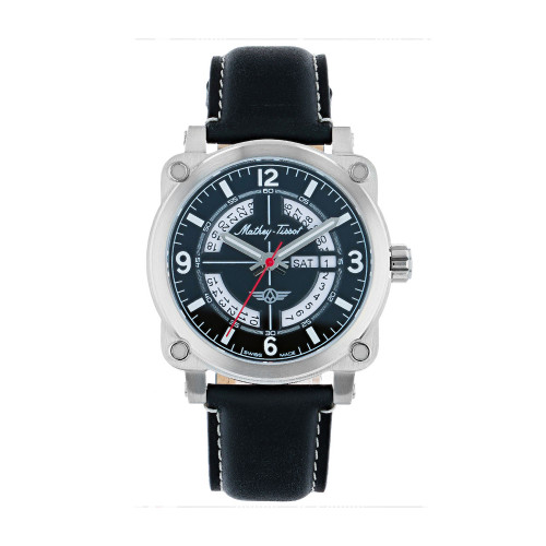 Men's Pilot Collection Three Hand Date Black Genuine Leather Strap Watch, 43mm