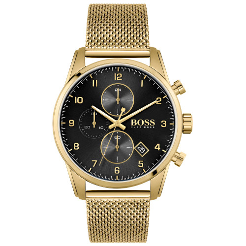 HUGO Men's Skymaster Gold-Tone Stainless Steel Mesh Bracelet 44mm