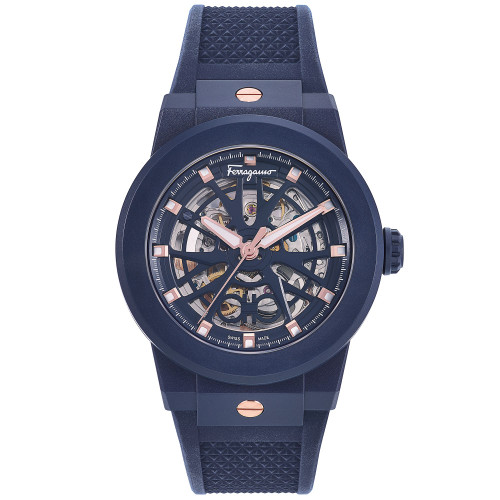 Men's Swiss Automatic F-80 Skeleton Ecoceramic Blue Rubber Strap Watch 41mm