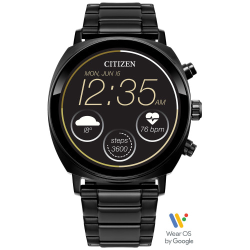 Unisex CZ Smart Wear OS Black-Tone Stainless Steel Bracelet Smart Watch 41mm