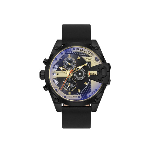 Men's Dual Time Black Genuine Leather Strap Watch 47mm