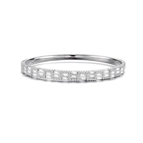 Sterling Silver with Rhodium Plated Clear Round and Emerald Cubic Zirconia Two-Row Accent Bangle Bracelet