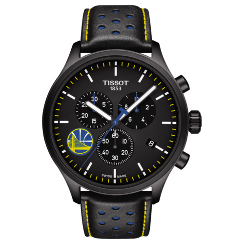Men's Swiss Chronograph Chrono XL NBA Golden State Warriors Black Leather Strap Watch 45mm