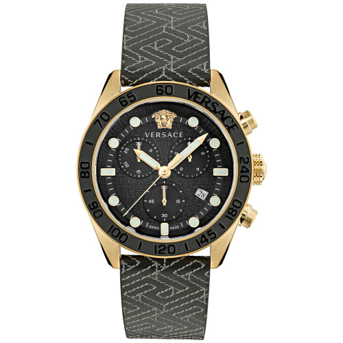 Men's Swiss Chronograph Greca Dome Black Leather Strap Watch 43mm