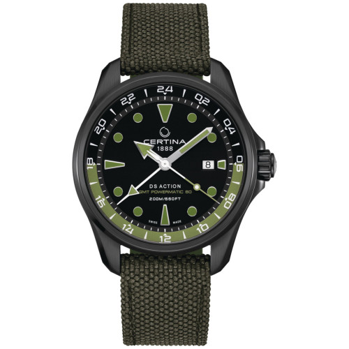 Men's Swiss Automatic DS Action GMT Green Synthetic Strap Watch 43mm