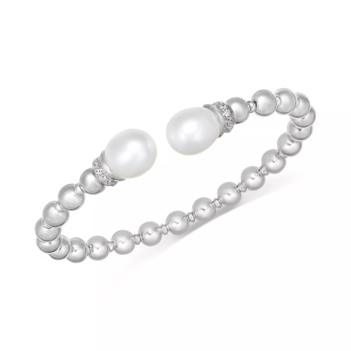 Cultured Freshwater Pearl (9-1/2 x 10-1/2mm) & Cubic Zirconia Beaded Cuff Bracelet