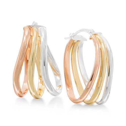 Tri-tone Oval Hoop Earrings in Sterling Silver and 18k Gold-Plated and Rose Gold-Plated Sterling Silver