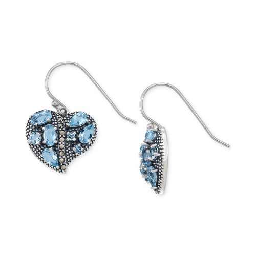 Blue Topaz (2-1/2 ct. t.w.) & Marcasite Heart Drop Earrings in Sterling Silver