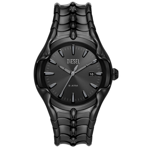 Men's Vert Quartz Three Hand Date Black Stainless Steel Watch 44mm