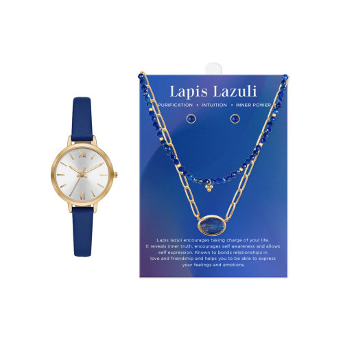 Women's Analog Navy Polyurethane Leather Watch 30mm Gift Set, 4 Pieces