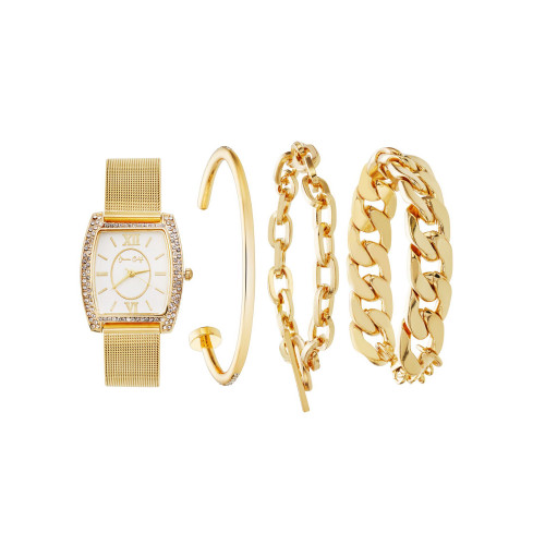 Jessica Carlye Women's Quartz Movement Gold-Tone Mesh Bracelet Analog Watch, 29mm with Stackable Bracelet Set