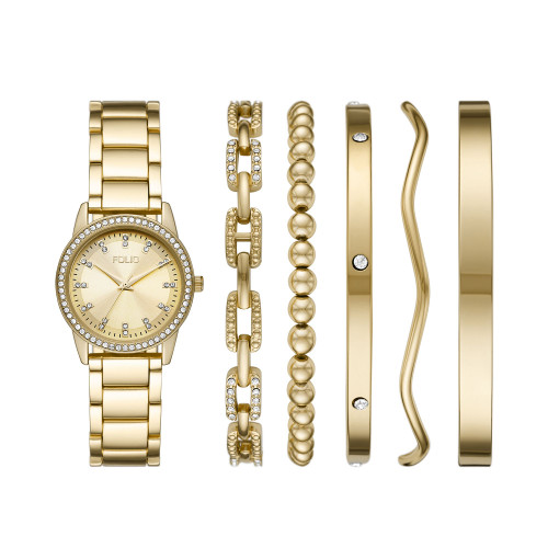 Women's Three Hand Gold-Tone 34mm Watch and Bracelet Gift Set, 6 Pieces
