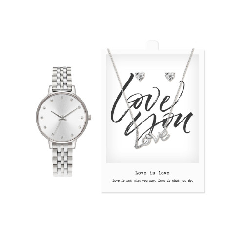 Women's Analog, Three-Hand Quartz Shiny Silver-Tone Metal Bracelet Watch 34mm Gift Set