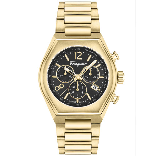 Men's Swiss Chronograph Tonneau Gold Ion Plated Stainless Steel Bracelet Watch 42mm