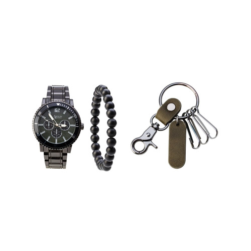 Men's Quartz Movement Gunmetal Bracelet Analog Watch, 46mm and Keychain with Bracelet and Zippered Travel Pouch