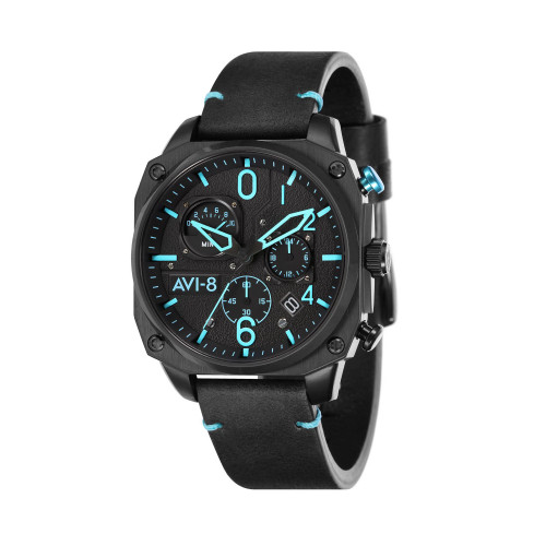 Men's Hawker Hunter Chronograph Retrograde Edition Black Genuine Leather Strap Watch 45mm