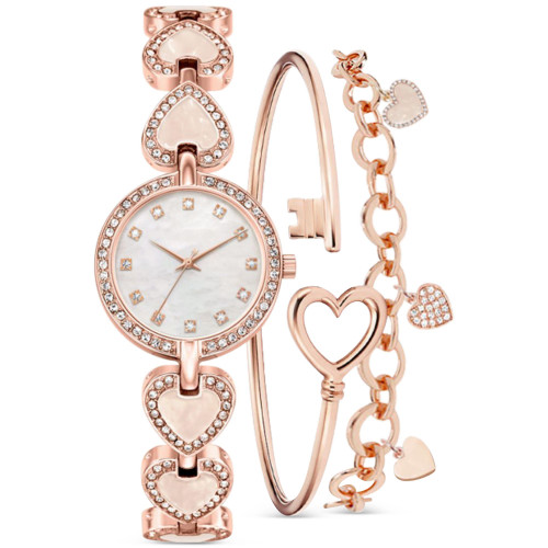 Women's Rose Gold-Tone Heart Link Bracelet Watch 28mm Gift Set