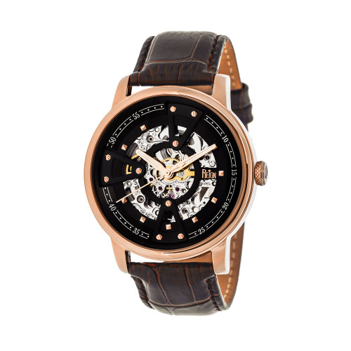 Belfour Automatic Rose Gold Case, Genuine Black Leather Watch 44mm