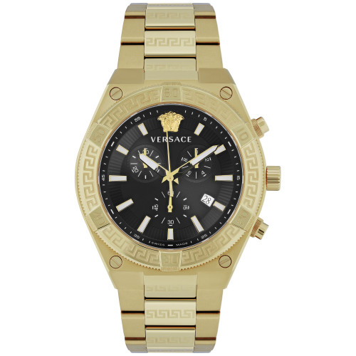 Men's Swiss Chronograph V-Sporty Greca Gold Ion Plated Bracelet Watch 46mm