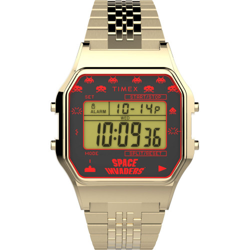 Unisex T80 Space Invaders Gold-Tone Stainless Steel Bracelet Watch 34 mm