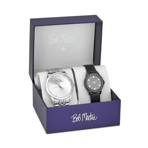 Men's and Women's Silver-tone Base Metal Bracelet and Black Vegan Leather Strap 2 Piece Watch Set 45mm and 32mm