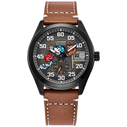 Eco-Drive Men's Disney Mickey Mouse Brown Leather Strap Watch 43mm