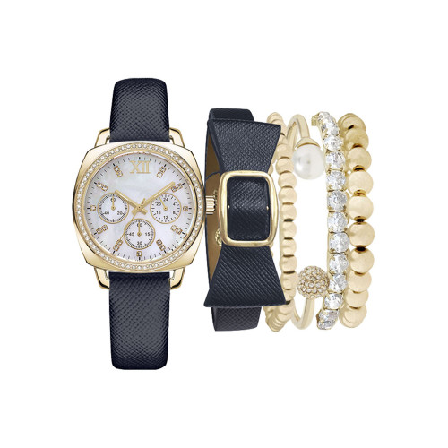 Women's Analog Navy Strap Watch 34mm with Navy and Gold-Tone Bracelets Set
