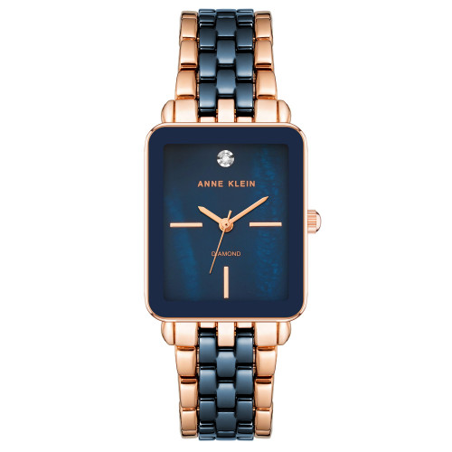 Women's Three Hand Quartz Rose Gold-tone Alloy and Navy Ceramic Link Bracelet Watch, 32mm