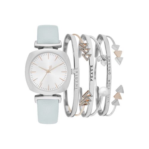 Women's Analog Mint Strap Watch 34mm with Silver-Tone Bracelets Set