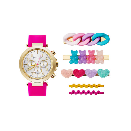 Women's Fuchsia Silicone Strap Watch 38mm Gift Set, 6 Piece